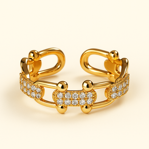 Adjustable Link Ring with Clear Details — Chloe — gold-tone open ring with rounded links and clear details