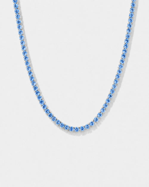 Aqua Blue Tennis Necklace, 4 mm, Silver-Plated — Necklace on white background