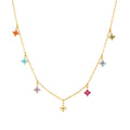 Multicolor Zircon Flower Charm Necklace — close view of gold multicolor flower charms