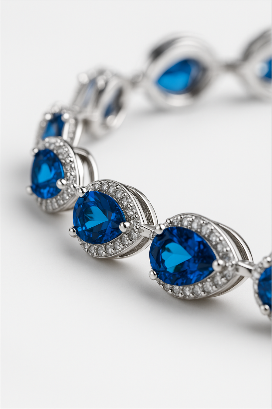 Blue Zirconia Teardrop Bracelet, Silver-Plated — Blue stone details close-up
