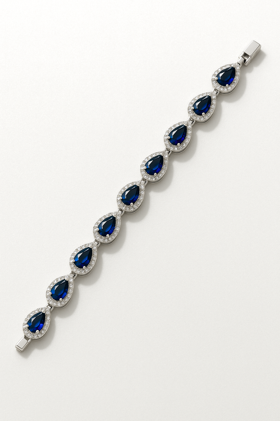 Blue Zirconia Teardrop Bracelet, Silver-Plated — Bracelet laid straight to show links