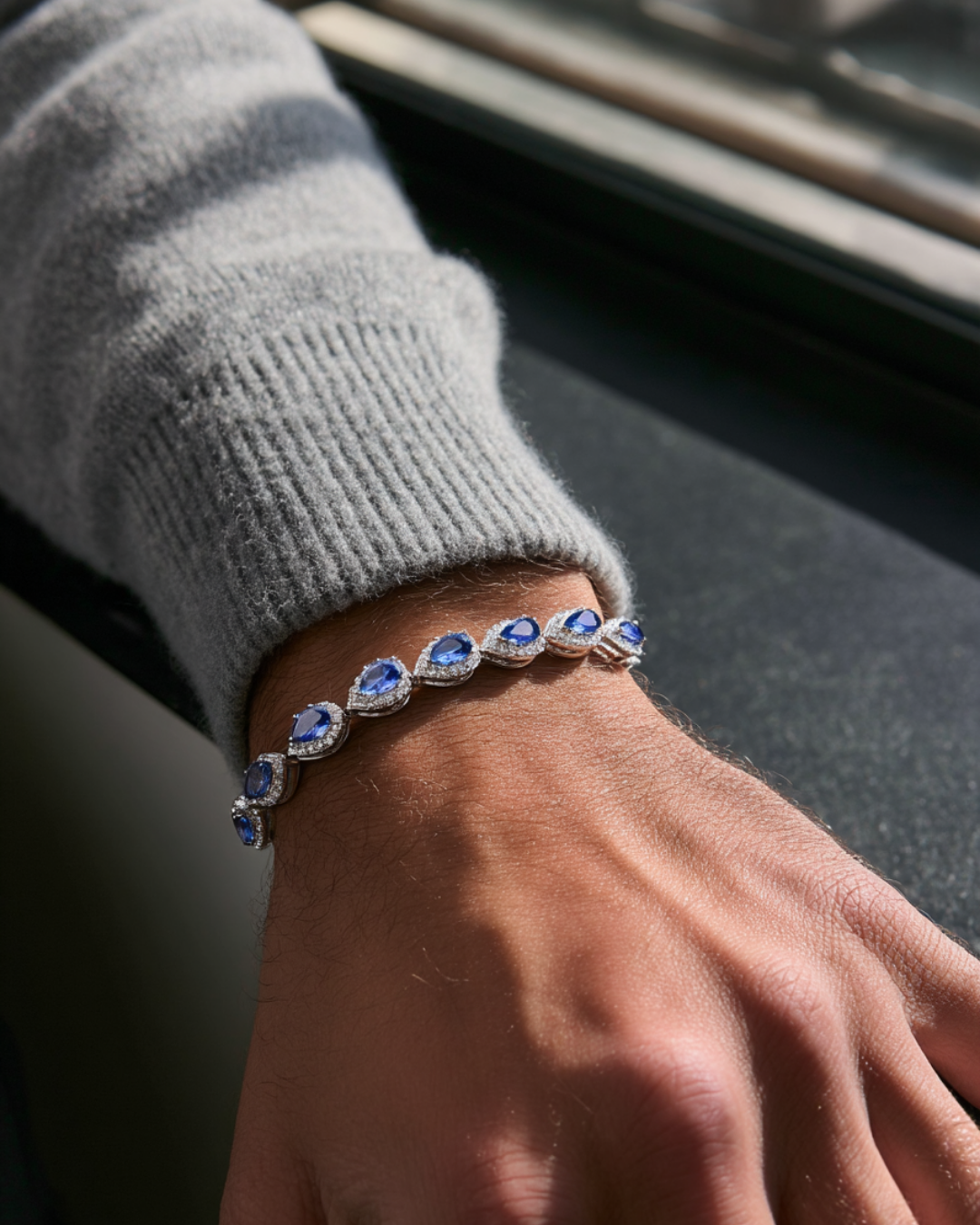 Blue Zirconia Teardrop Bracelet, Silver-Plated — Bracelet worn beside grey cuff